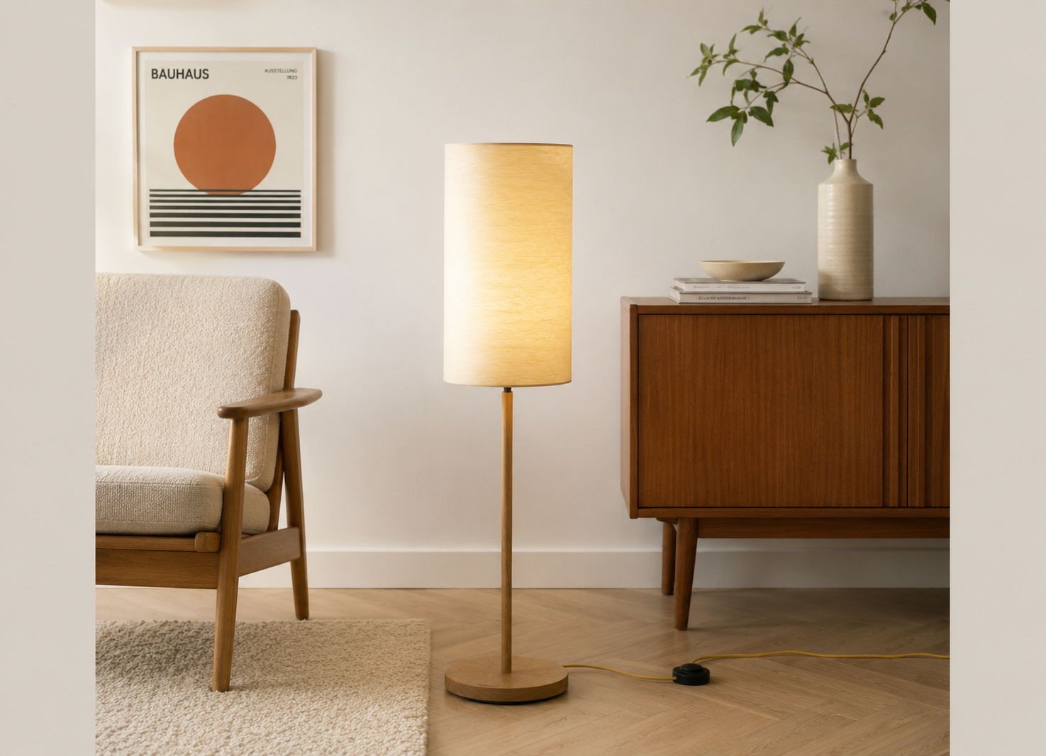 Stehlampe Furnier Zylinder retro – weiß