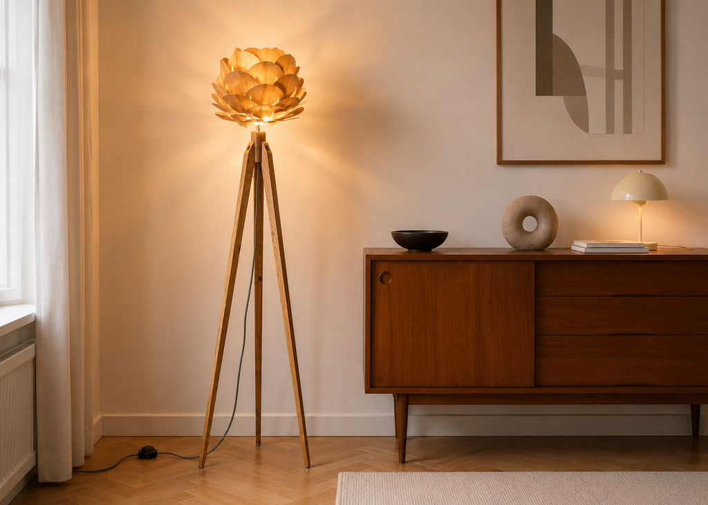 Tripod Floor Lamp Tripod Retro 60s-70s Design Wood Flower Tripod Floor Lamp Wood Flower Standard Lamp Veneer Maple